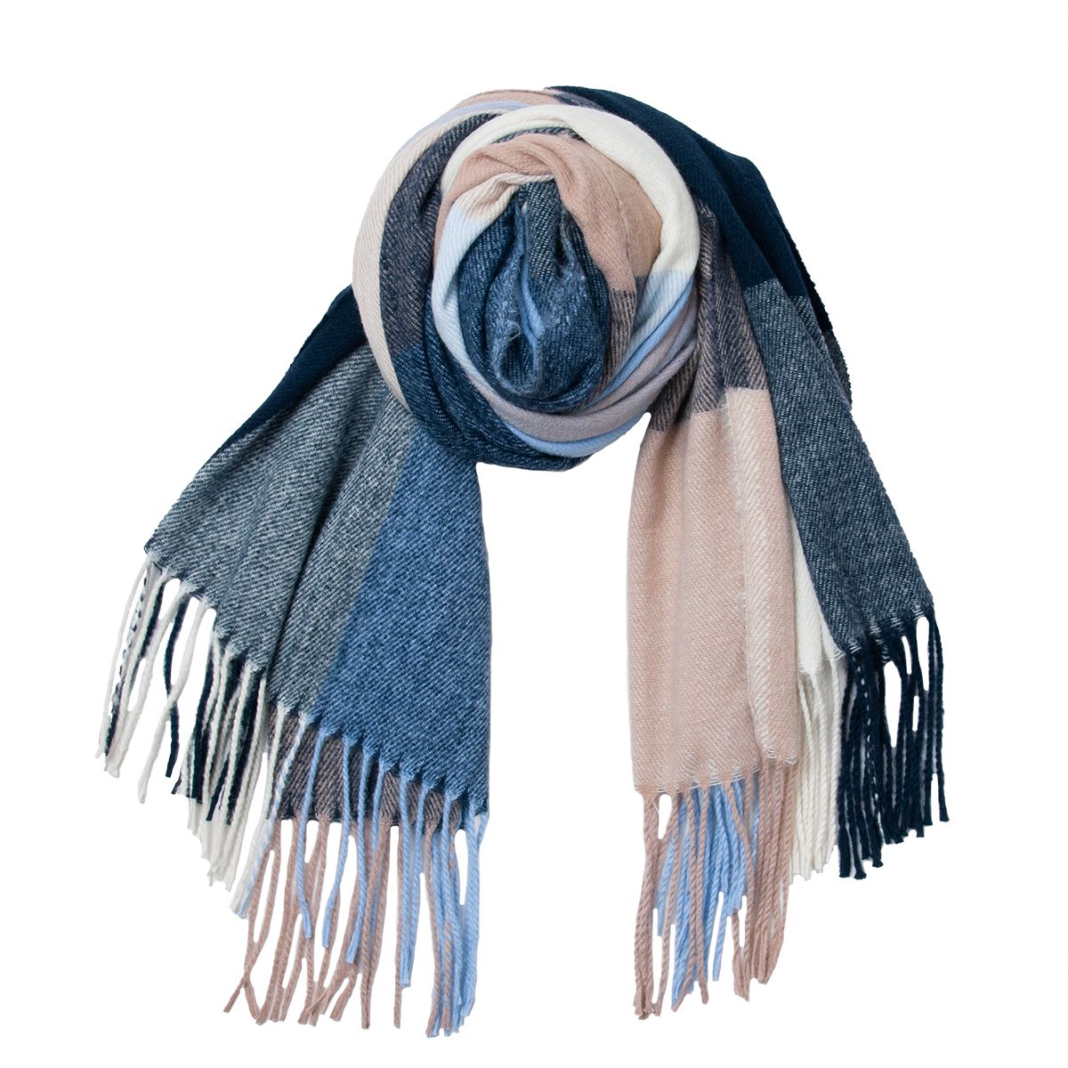 Rutet skjerf - marineblå, lyseblå, beige og offwhite - 70x180 cm