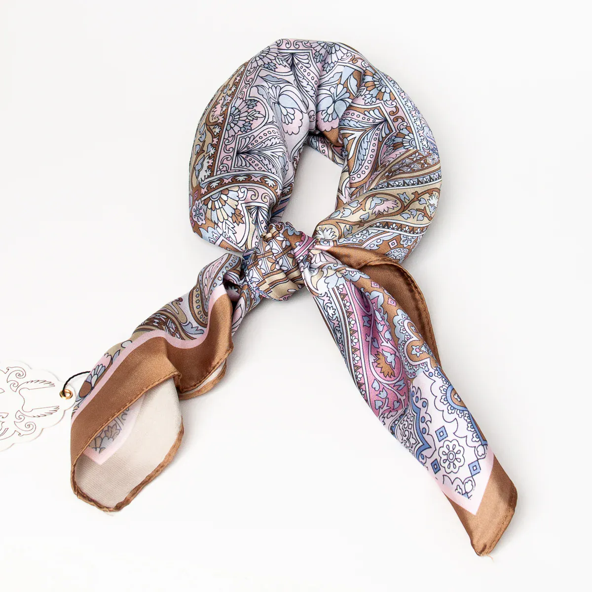 Mønstret skjerf med brun kant 70 x 70 cm – elegant skjerf i 100 % polyester