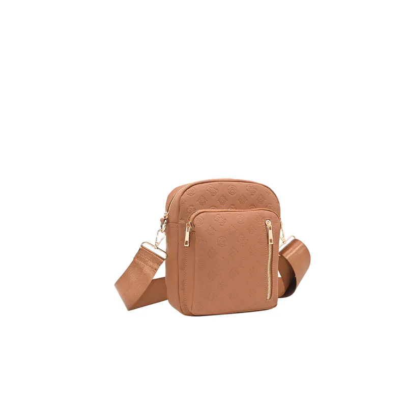 Stor citybag i imitert skinn med preget mønster og justerbar skulderrem - cognac